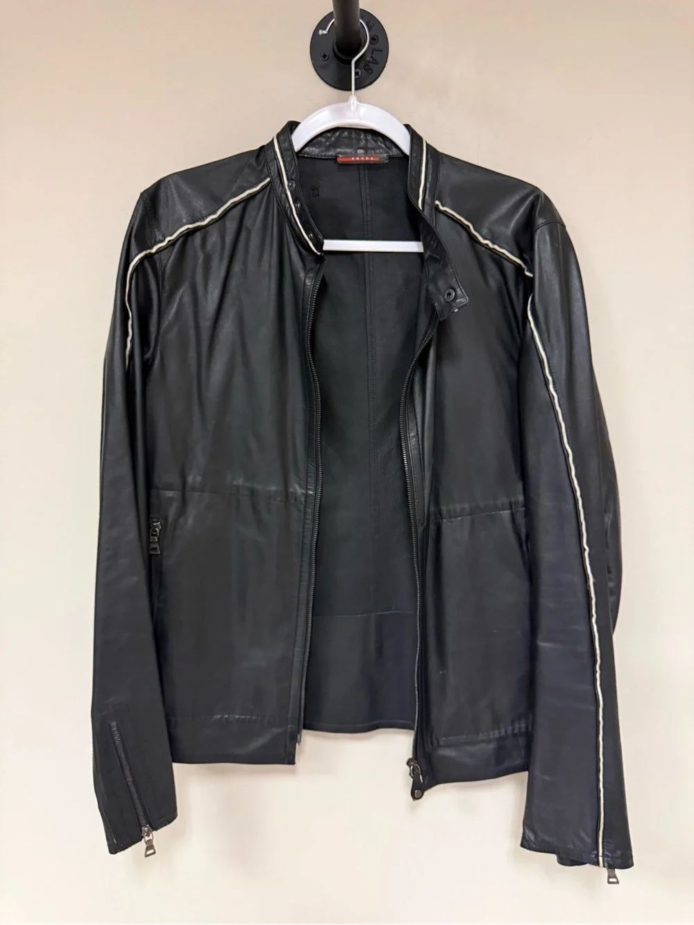 Prada Black moto 1990’s vintage  weight Leather Bomber Jacket medium